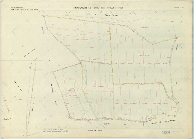 Minaucourt-le-Mesnil-lès-Hurlus (51368). Section ZI échelle 1/2000, plan remembré pour 1966 (contient section E), plan régulier (papier armé)