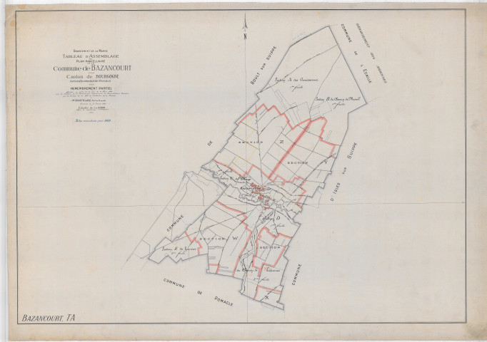 Bazancourt (51043). Tableau d'assemblage échelle 1/10000, plan remembré pour 1925, parties remembrées pour 1932 (papier).