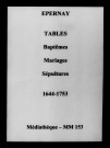 Épernay. Tables des baptêmes, mariages, sépultures 1644-1753