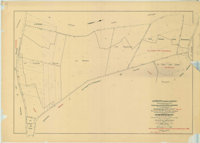 Bouchy-Saint-Genest (51071). Section X échelle 1/2000, plan renouvelé pour 01/01/1956, régulier avant 20/03/1981 (papier)