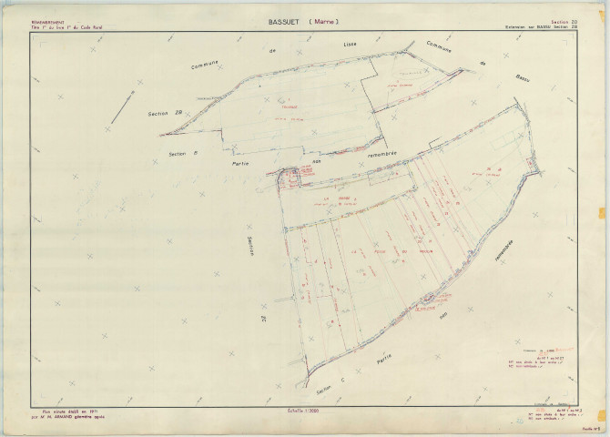 Bassuet (51040). Section ZD échelle 1/2000, plan remembré pour 1971 (extension sur Bassu section ZB), plan régulier (papier armé)