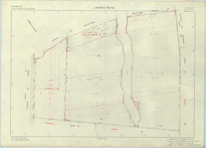 Lavannes (51318). Section ZO échelle 1/2000, plan remembré pour 1986, contient une extension sur Isles-sur-Suippe ZB et sur Pomacle ZL, plan régulier de qualité P5 (papier armé).