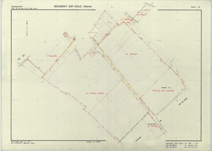 Beaumont-sur-Vesle (51044). Section ZD échelle 1/2000, plan remembré pour 1977, plan régulier (papier armé).