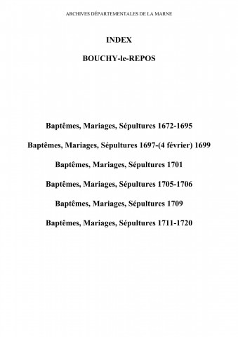 Bouchy-le-Repos. Baptêmes, mariages, sépultures 1672-1720