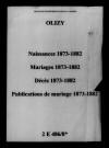 Olizy. Naissances, mariages, décès, publications de mariage 1873-1882