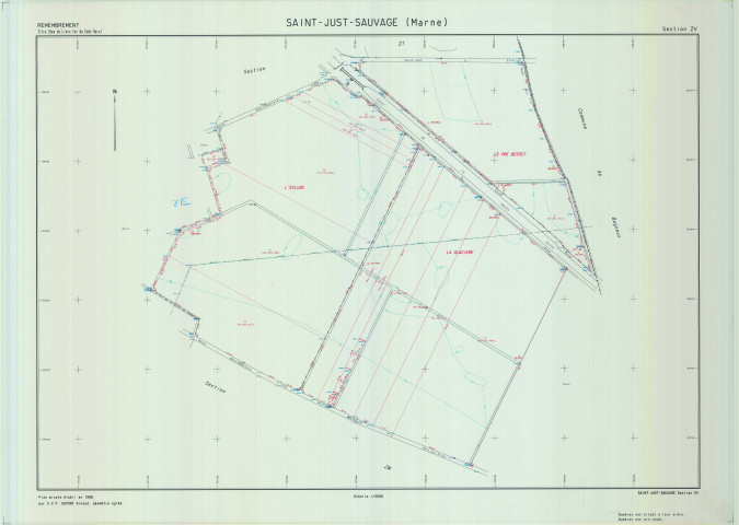 Saint-Just-Sauvage (51492). Section ZV échelle 1/2000, plan remembré pour 01/01/1998, plan régulier de qualité P5 (calque)