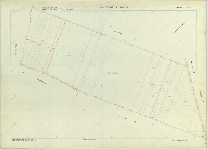 Villeseneux (51638). Section ZC échelle 1/2000, plan remembré pour 1967, plan régulier (papier armé)