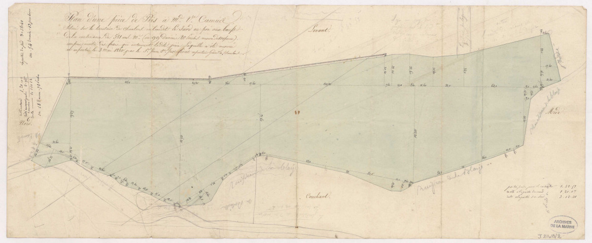 Plan d'une pièce de prés à Madame veuve Camue située sur le territoire de Chaalons en lieu dit Le Jard, 1775.