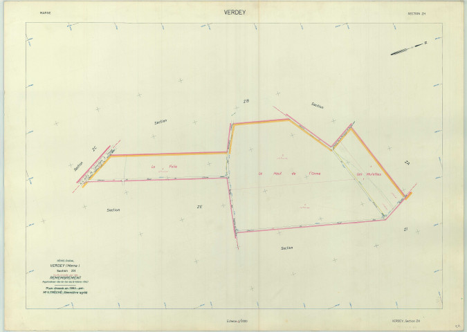 Moeurs-Verdey (51369). Section ZH échelle 1/2000, plan remembré pour 01/01/1966, régulier avant 20/03/1980. Verdey (papier armé)
