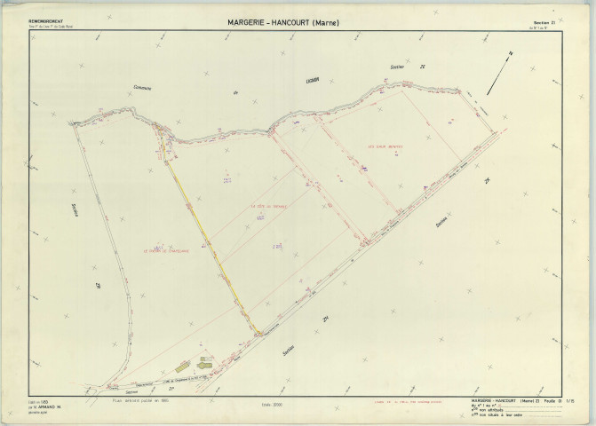Margerie-Hancourt (51349). Section ZI échelle 1/2000, plan remembré pour 1983 (extension sur Lignon section ZE), plan régulier (papier armé)
