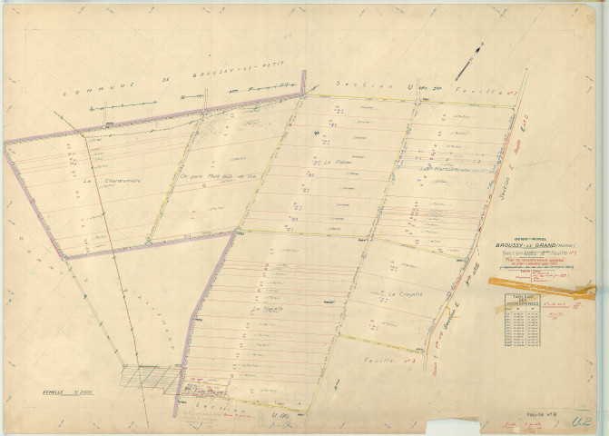 Broussy-le-Grand (51090). Section U2 échelle 1/2000, plan remembré pour 01/01/1957, régulier avant 20/03/1980 (papier)