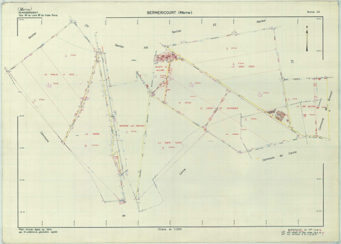 Berméricourt (51051). Section ZD échelle 1/2000, plan remembré pour 1976, plan régulier (papier armé).