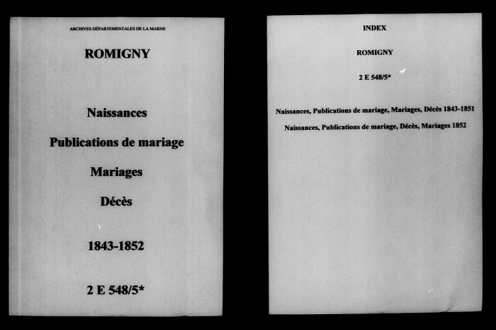 Romigny. Naissances, publications de mariage, mariages, décès 1843-1852
