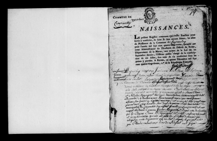 Courmelois. Naissances, mariages, décès, publications de mariage 1793-an X