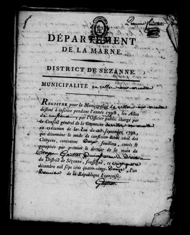 Villiers-aux-Corneilles. Naissances, mariages, décès 1793-an X