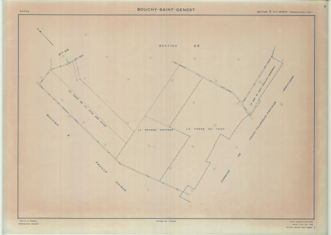 Bouchy-Saint-Genest (51071). Section Z U échelle 1/2000, plan remembré pour 01/01/1956, régulier avant 20/03/1980 (calque)
