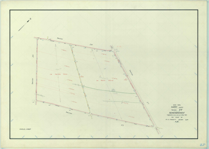 Sarry (51525). Section ZP échelle 1/2000, plan remembré pour 1968, plan régulier (papier armé)