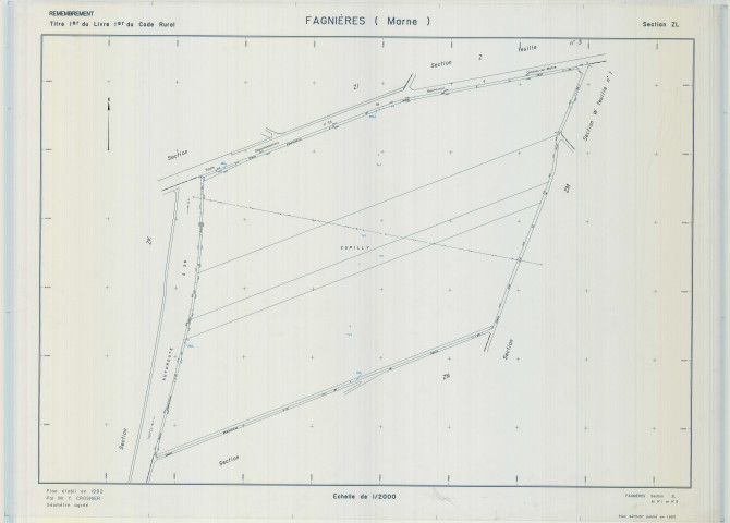 Fagnières (51242). Section ZL échelle 1/2000, plan remembré pour 1992, plan régulier (calque)