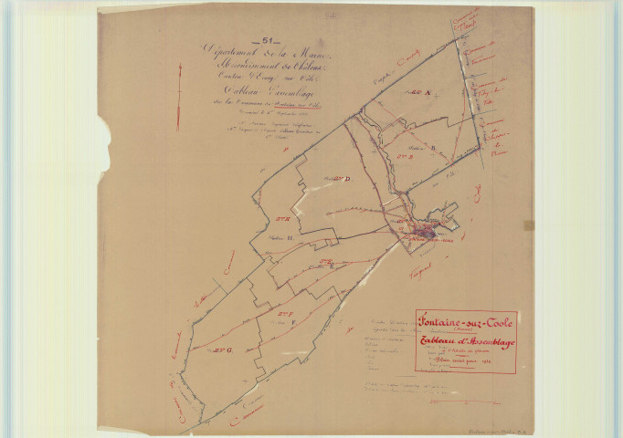 Faux-Vésigneul (51244). Fontaine-sur-Coole (51257). Tableau d'assemblage échelle 1/10000, plan mis à jour pour 1936 (ancienne commune de Fontaine-sur-Coole (51257), plan non régulier (papier)