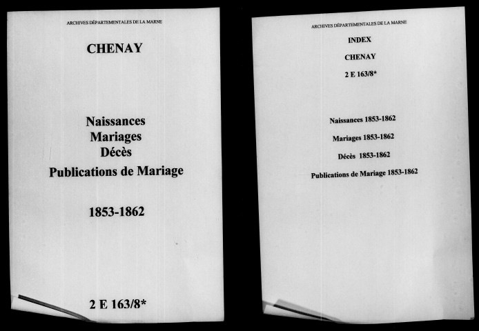 Chenay. Naissances, mariages, décès, publications de mariage 1853-1862