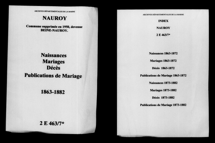 Nauroy. Naissances, mariages, décès, publications de mariage 1863-1882