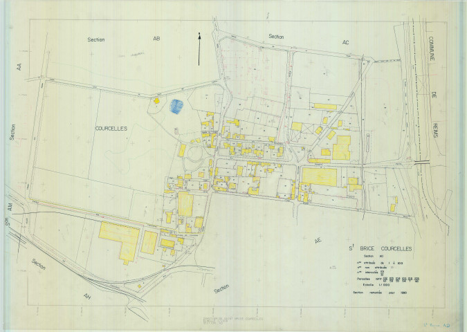 Saint-Brice-Courcelles (51474). Section AD échelle 1/1000, plan remanié pour 1990, plan régulier de qualité P4 (calque).