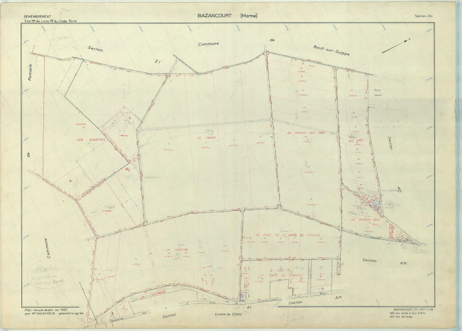 Bazancourt (51043). Section ZH échelle 1/2000, plan renouvelé pour 1967, plan régulier (papier armé).
