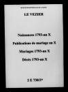 Vézier (Le). Naissances, mariages, décès, publications de mariage 1793-an X