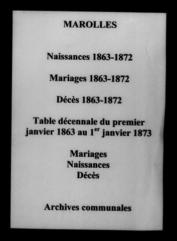 Marolles. Naissances, mariages, décès et tables décennales des naissances, mariages, décès 1863-1872