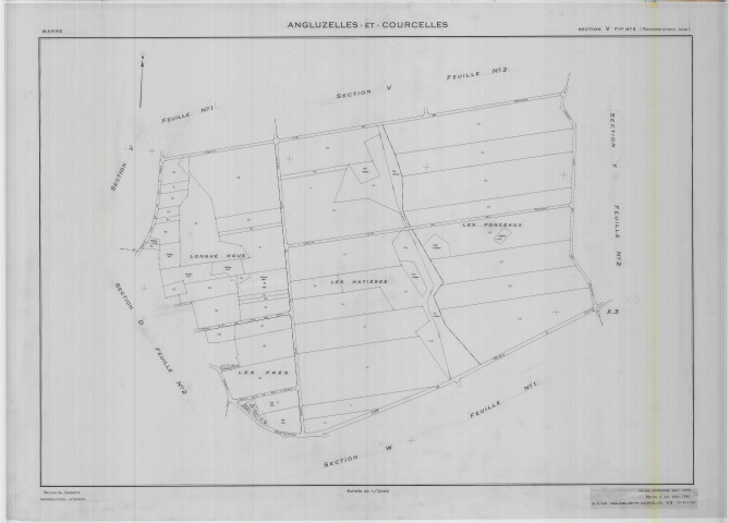 Angluzelles-et-Courcelles (51010). Section V3 1 échelle 1/2000, plan remembré pour 01/01/1987, plan régulier de qualité P5 (calque)