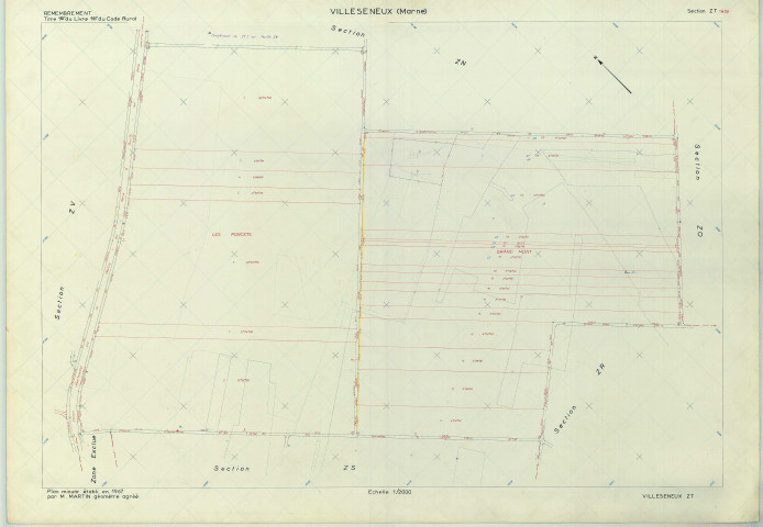 Villeseneux (51638). Section ZT échelle 1/2000, plan remembré pour 1967, plan régulier (papier armé)