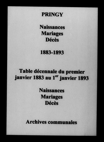Pringy. Naissances, mariages, décès et tables décennales des naissances, mariages, décès 1883-1893