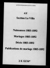 Villa-d'Ay (La). Ay. Naissances, mariages, décès, publications de mariage 1883-1892