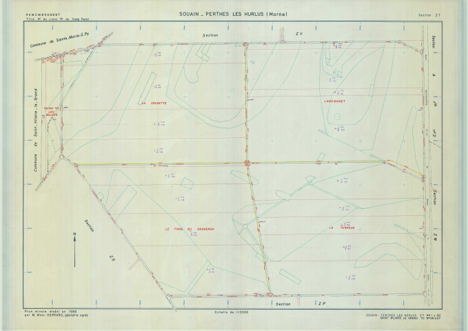 Souain-Perthes-lès-Hurlus (51553). Section ZT échelle 1/2000, plan remembré pour 1986 (extension sur Saint-Hilaire-le-Grand section YD), plan régulier (calque)