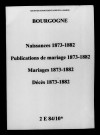 Bourgogne. Naissances, publications de mariage, mariages, décès 1873-1882