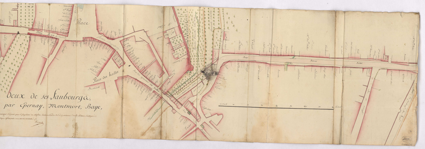 RN 51. Plan de la traverse de Sézanne du faubourg de Notre Dame à la route de Reims par Epernay par Hurault, 1796.