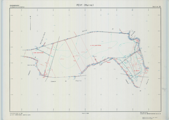 Pévy (51429). Section ZB échelle 1/2000, plan remembré pour 1997, contient une extension sur Montigny-sur-Vesle ZA, plan régulier de qualité P5 (calque).