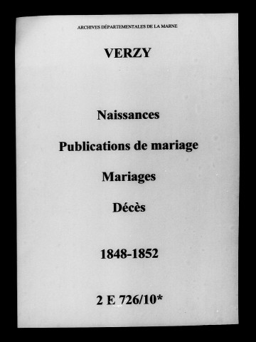 Verzy. Naissances, publications de mariage, mariages, décès 1848-1852