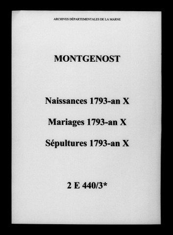 Montgenost. Naissances, mariages, décès 1793-an X