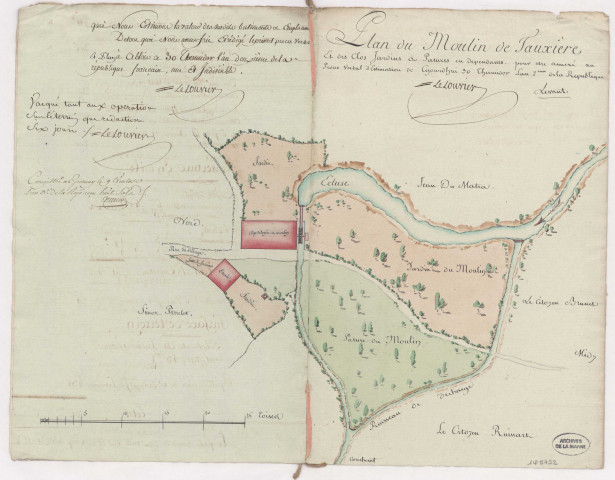 Plan du moulin de Tauxière et des clos jardins et patures en dependants, an II.