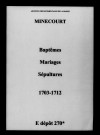 Minecourt. Baptêmes, mariages, sépultures 1703-1712