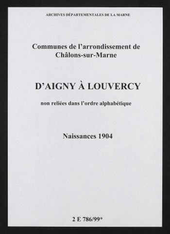 Communes d'Aigny à Louvercy de l'arrondissement de Châlons. Naissances 1904