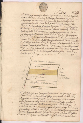 Plan et arpentage d'une pièce de terre échangée à Crugny par l'abbé de St Remy (1747), Pierre Letoffé