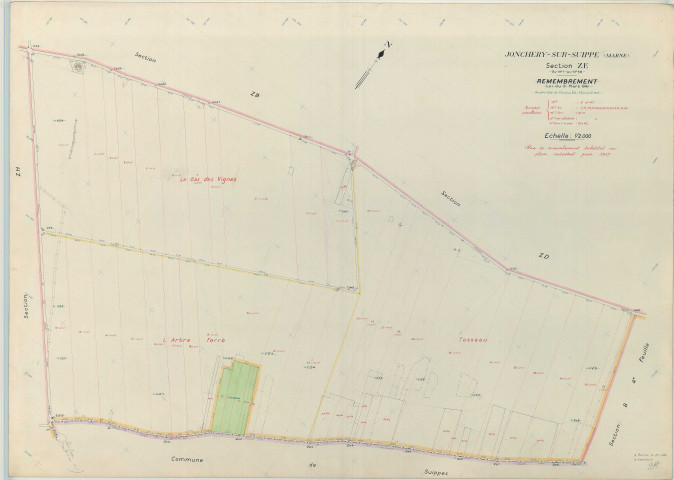 Jonchery-sur-Suippe (51307). Section ZE échelle 1/2000, plan remembré pour 1957, plan régulier (papier armé)