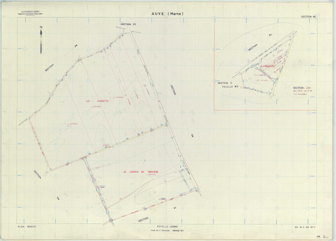 Auve (51027). Section YE échelle 1/2000, plan remembré pour 1950 (extension sur secteur ZM), plan régulier (papier armé)