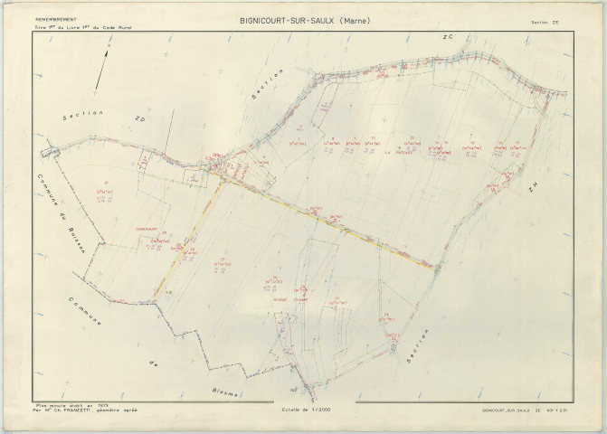 Bignicourt-sur-Saulx (51060). Section ZE échelle 1/2000, plan remembré pour 1973, plan régulier (papier armé)