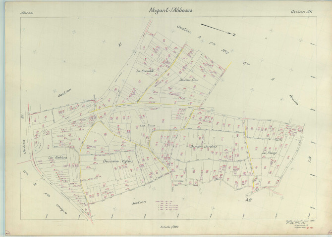 Nogent-l'Abbesse (51403). Section AK échelle 1/1000, plan renouvelé pour 1961, plan régulier (papier armé).