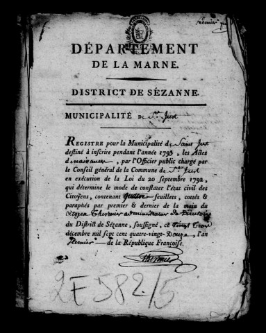 Saint-Just. Naissances, mariages, décès, publications de mariage 1793-an X