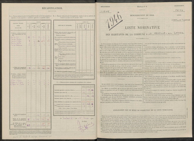 Neuville-aux-Larris (La). Dénombrement de la population 1946