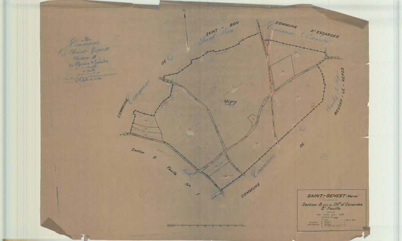 Bouchy-Saint-Genest (51071). Section B2 1 échelle 1/2500, plan mis à jour pour 01/01/1932, non régulier (calque)